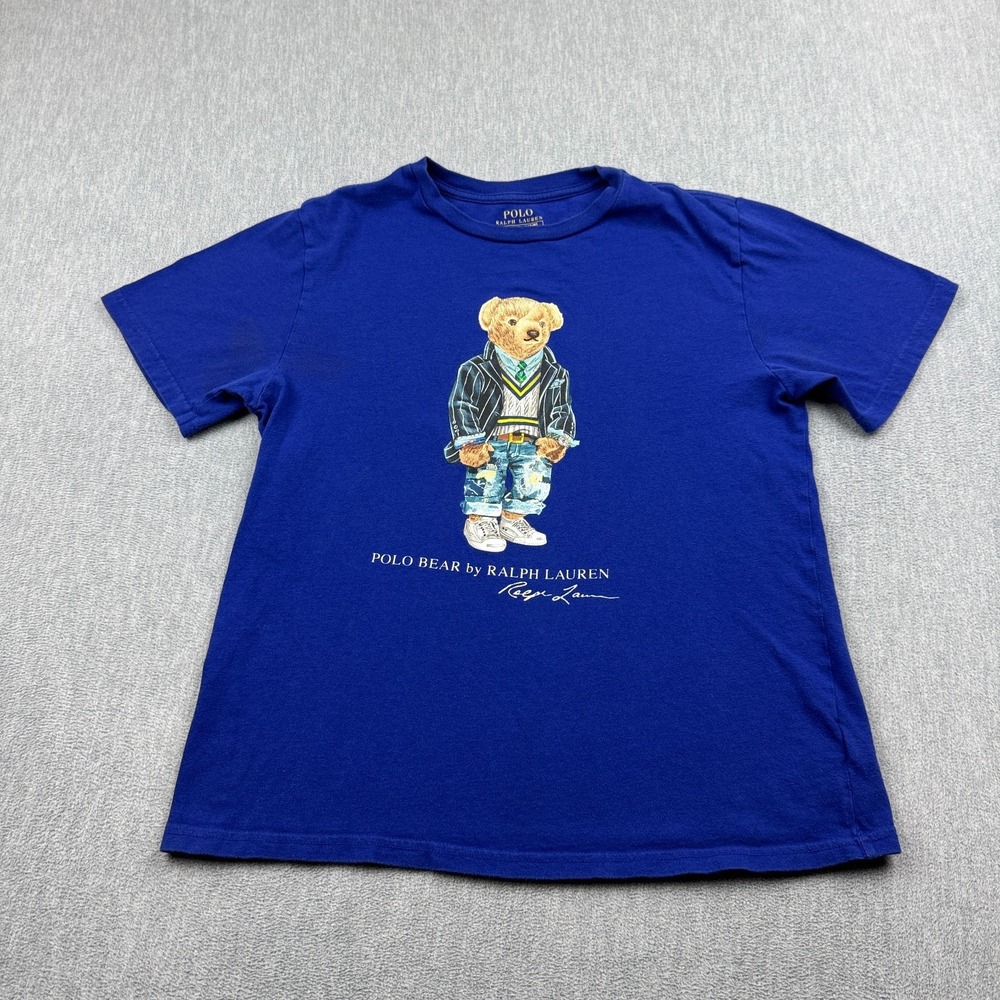 Polo Ralph Lauren Shirt Youth 14-16 Large Blue Bear Print Jersey Crew Neck Tee